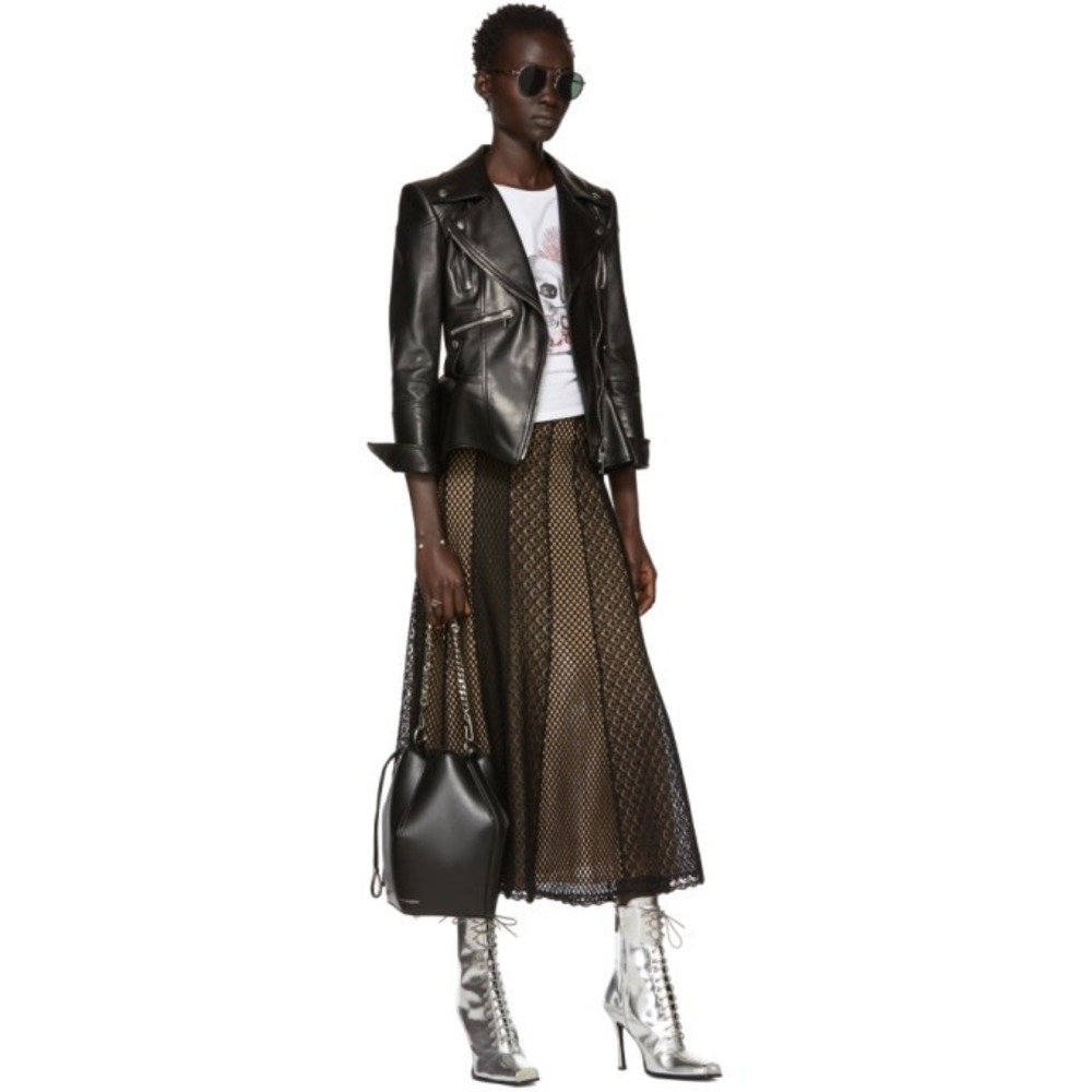 Alexander McQueen‎ Black Engineered Patchwork Lace Long Skirt Large L NWOT